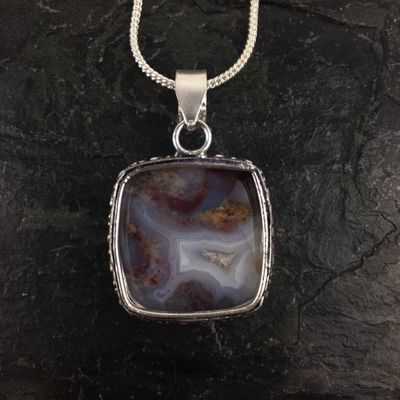 New Crazy Lace Agate Stone Silver Pendant Necklace - Picture 7 of 9